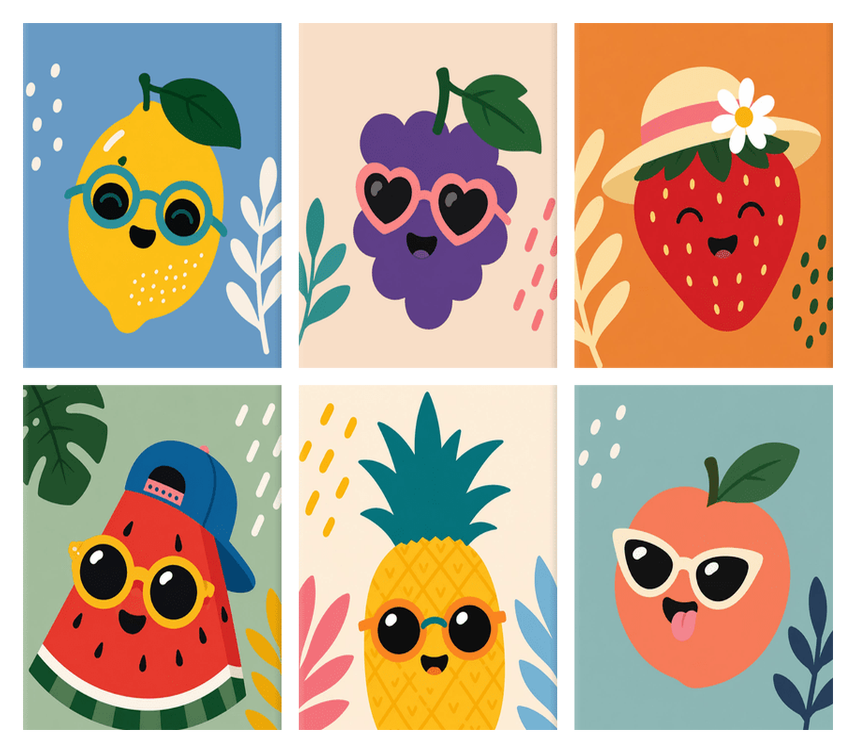 Coffret de 6 peintures par numéro Fruits à Lunettes de Soleil, les mini-toiles à plat, Maison Artsen
