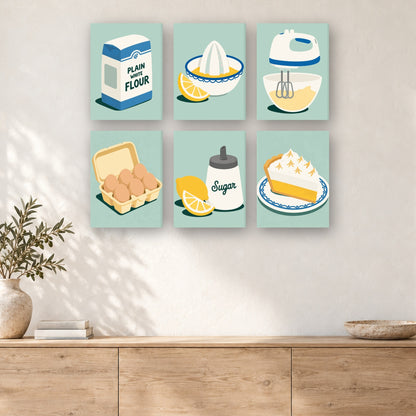 Coffret de 6 peintures par numéro Recette Tarte au Citron, mini-toiles présentées au mur, Maison Artsen