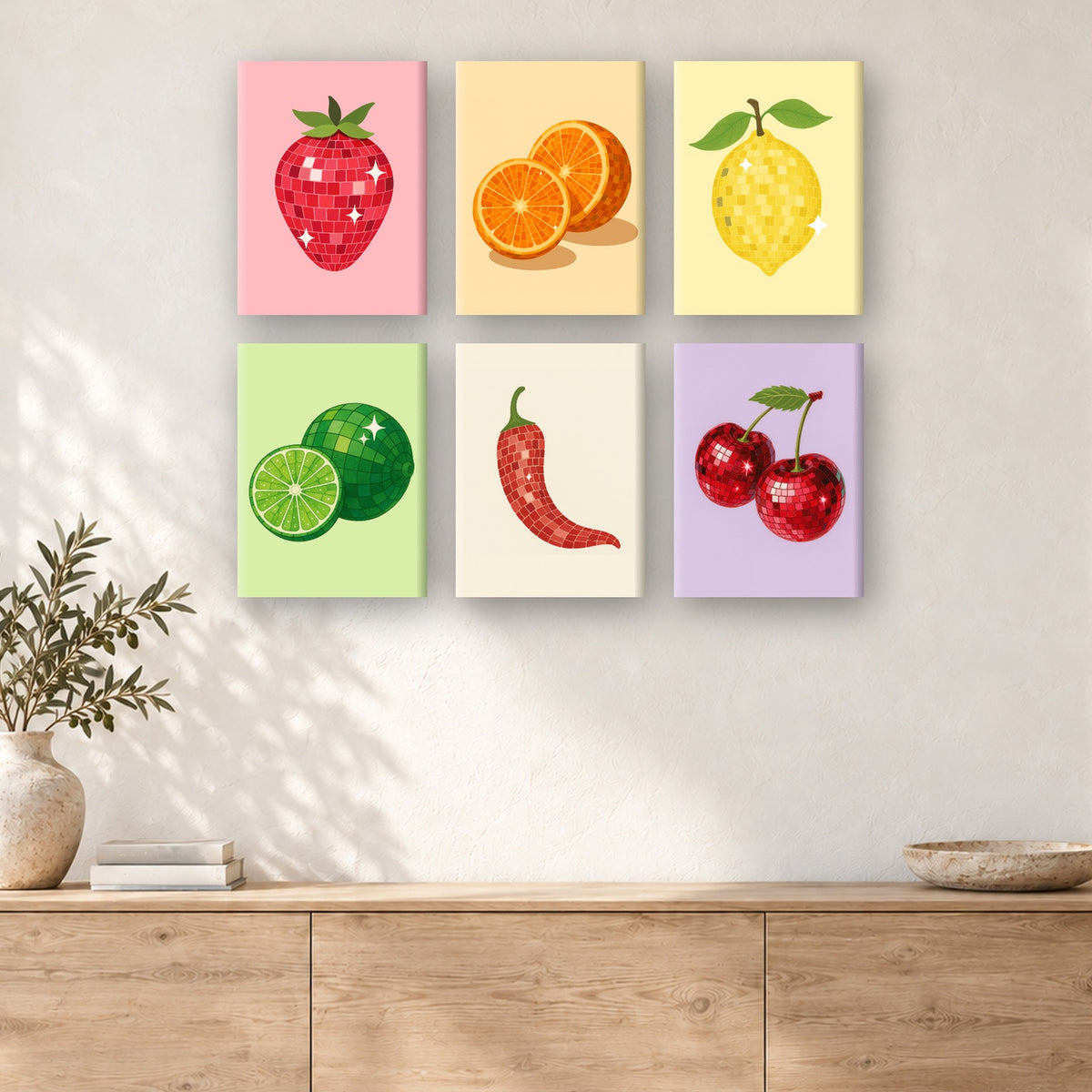 Coffret de 6 peintures par numéro Récolte Disco, mini-toiles présentées au mur, Maison Artsen