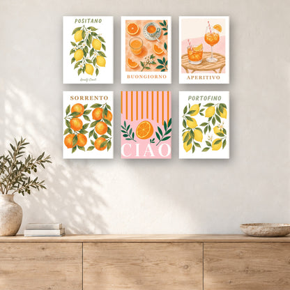 Coffret de 6 peintures par numéro Cartes Postales aux Agrumes, mini-toiles présentées au mur, Maison Artsen