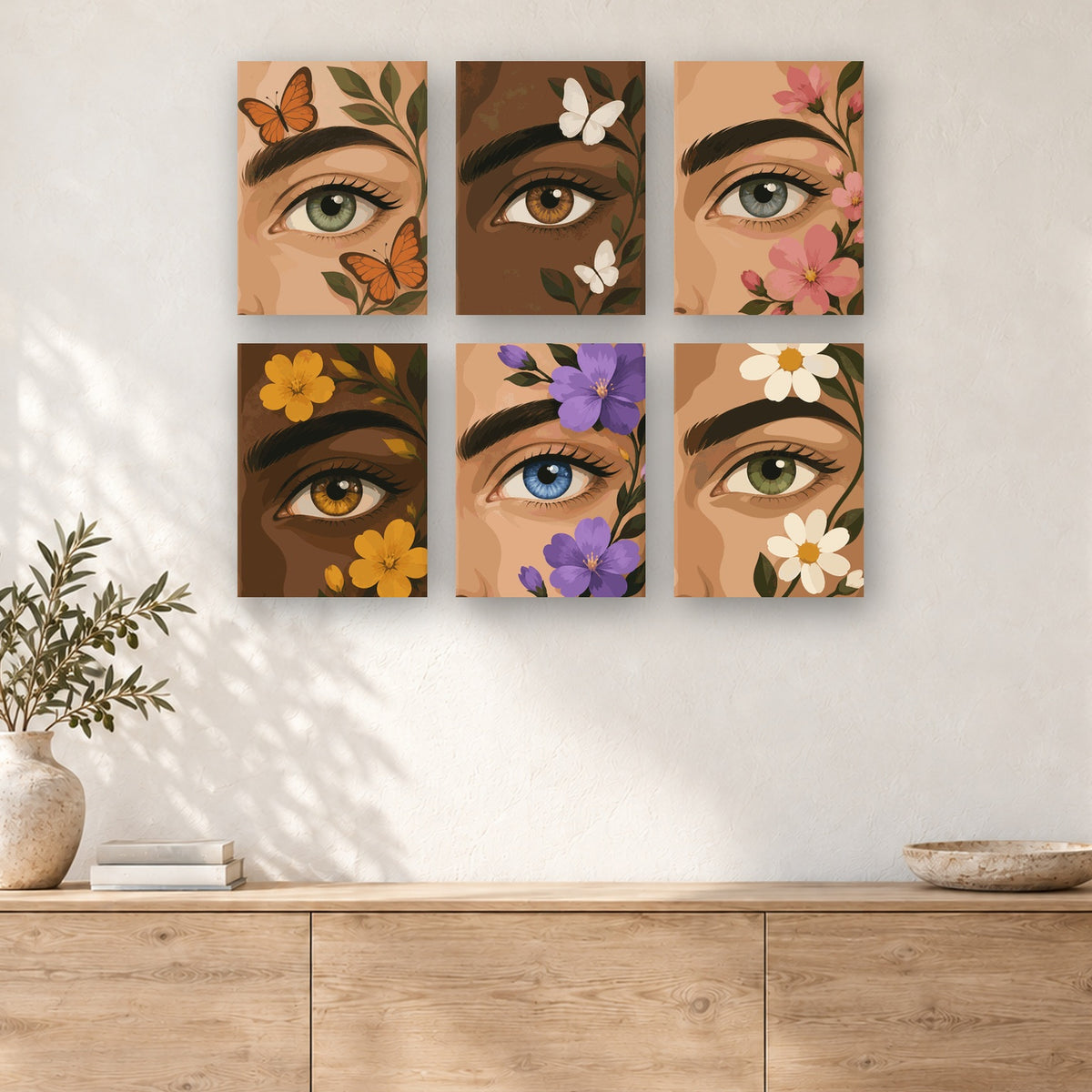 Coffret de 6 peintures par numéro Regards en Fleurs, mini-toiles présentées au mur, Maison Artsen