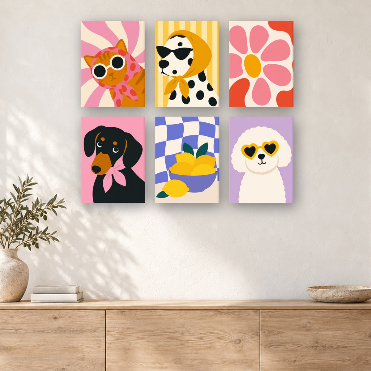 Coffret de 6 peintures par numéro Animaux Rétro Pop, mini-toiles présentées au mur, Maison Artsen