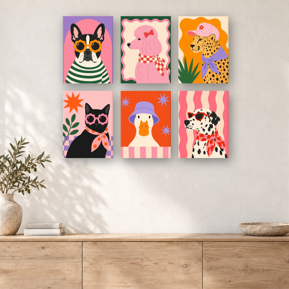 Coffret de 6 peintures par numéro Défilé des Animaux Chics, mini-toiles présentées au mur, Maison Artsen