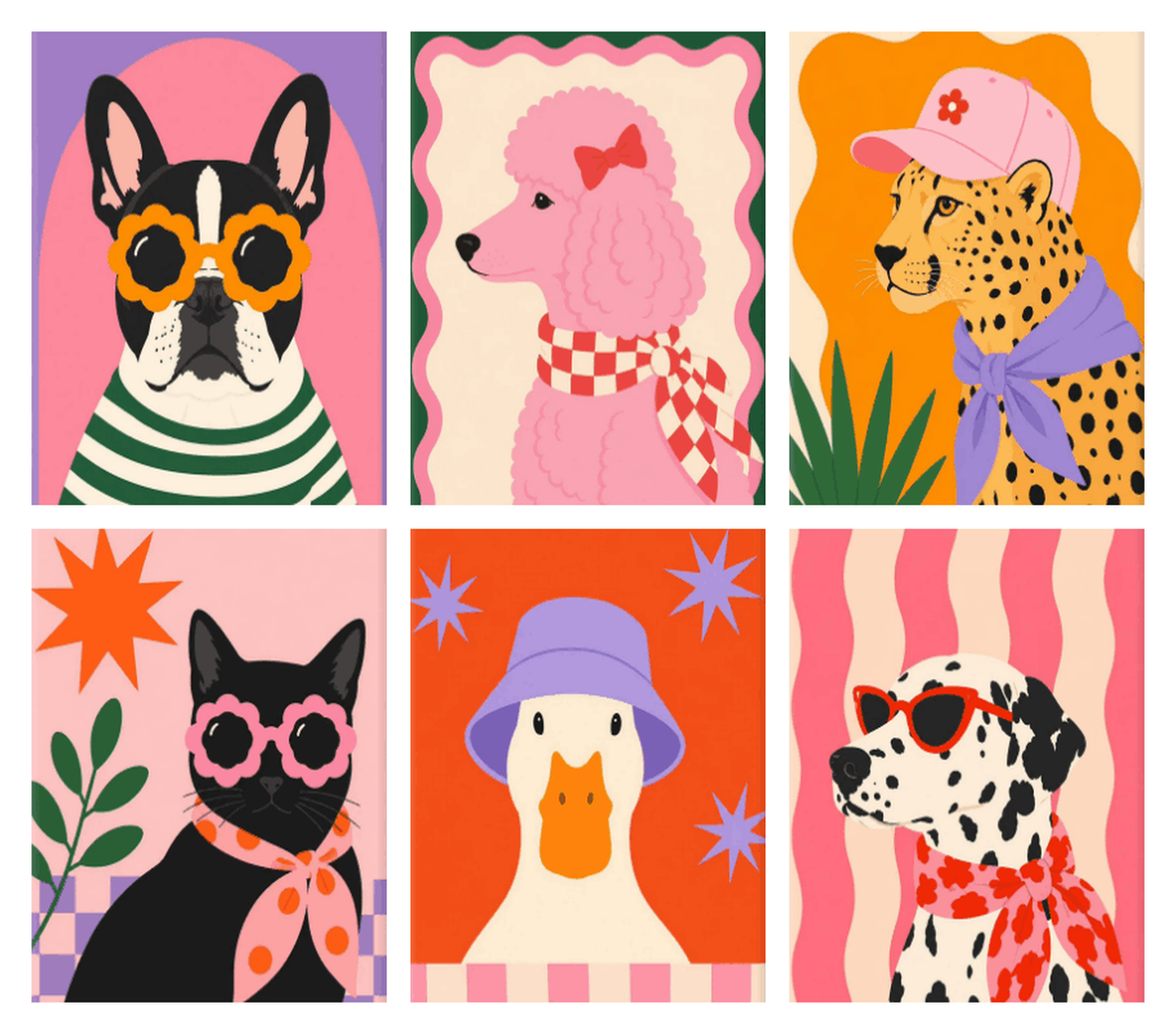 Coffret de 6 peintures par numéro Défilé des Animaux Chics, les mini-toiles à plat, Maison Artsen