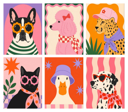 Coffret de 6 peintures par numéro Défilé des Animaux Chics, les mini-toiles à plat, Maison Artsen