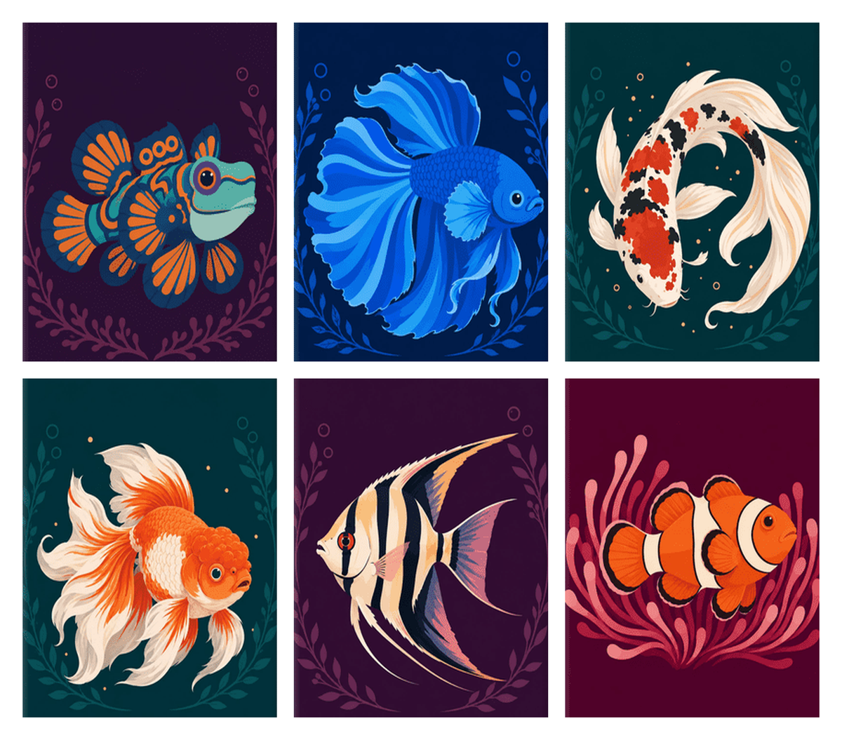 Coffret de 6 peintures par numéro Poissons Bijoux, les mini-toiles à plat, Maison Artsen