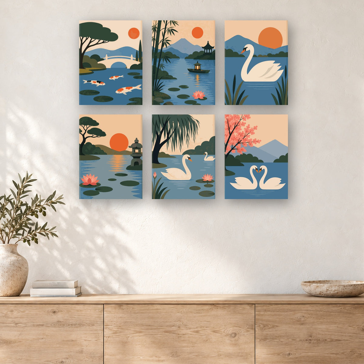 Coffret de 6 peintures par numéro Jardin Zen au Bord du Lac, mini-toiles présentées au mur, Maison Artsen