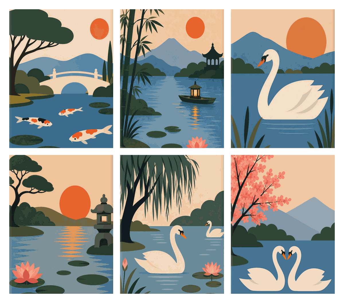 Coffret de 6 peintures par numéro Jardin Zen au Bord du Lac, les mini-toiles à plat, Maison Artsen
