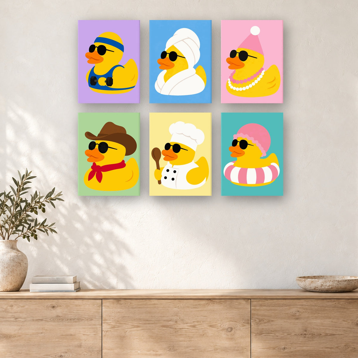 Coffret de 6 peintures par numéro Canards de Bain Stylés, mini-toiles présentées au mur, Maison Artsen