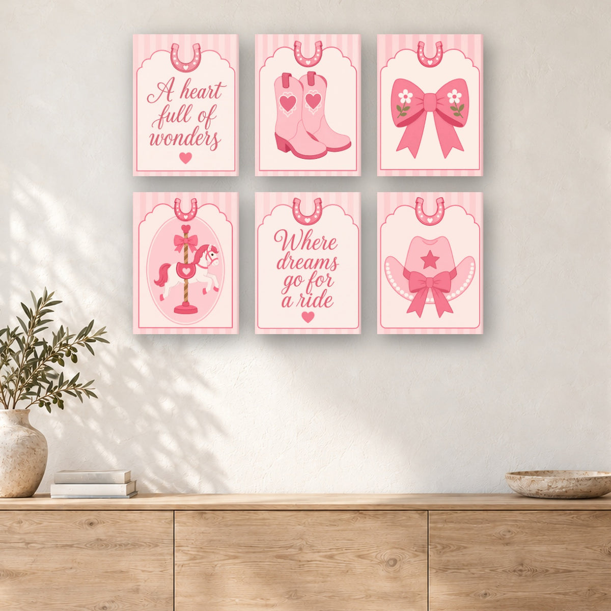 Coffret de 6 peintures par numéro Rêves de Cowgirl en Rose, mini-toiles présentées au mur, Maison Artsen