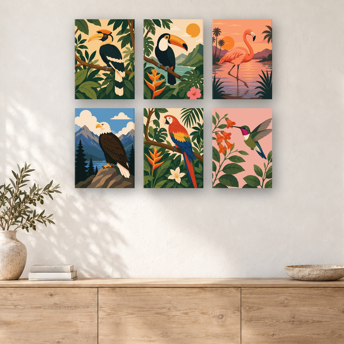 Coffret de 6 peintures par numéro Oiseaux des Tropiques, mini-toiles présentées au mur, Maison Artsen