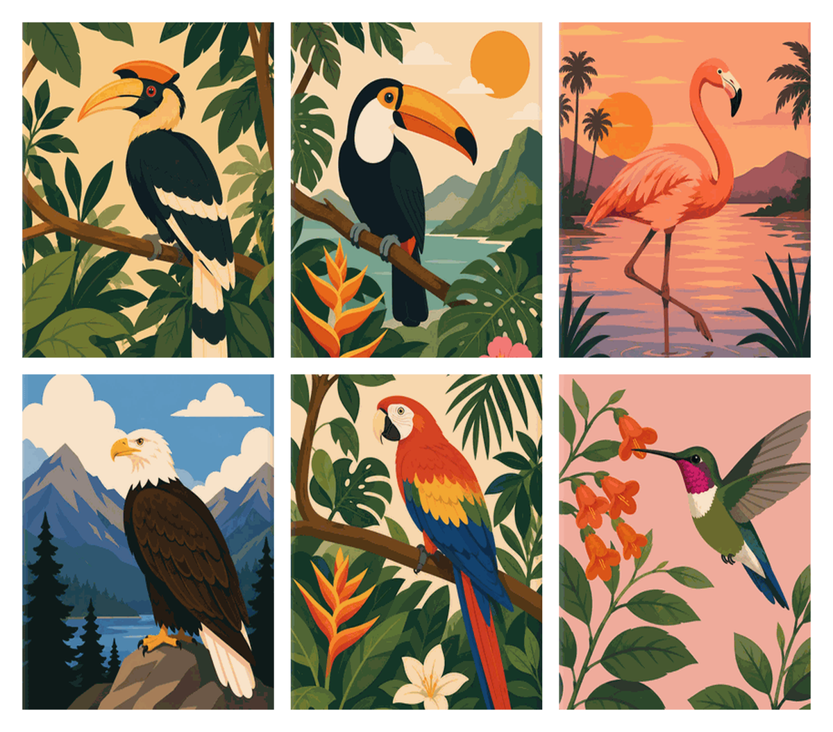 Coffret de 6 peintures par numéro Oiseaux des Tropiques, les mini-toiles à plat, Maison Artsen