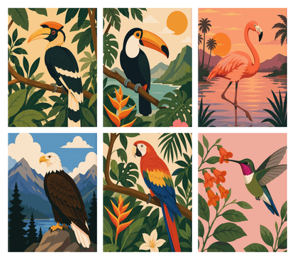 Coffret de 6 peintures par numéro Oiseaux des Tropiques, les mini-toiles à plat, Maison Artsen