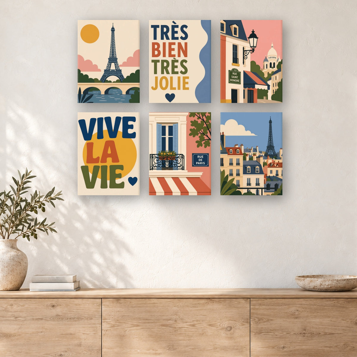 Coffret de 6 peintures par numéro Paris Très Jolie, mini-toiles présentées au mur, Maison Artsen