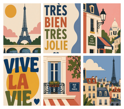 Coffret de 6 peintures par numéro Paris Très Jolie, les mini-toiles à plat, Maison Artsen