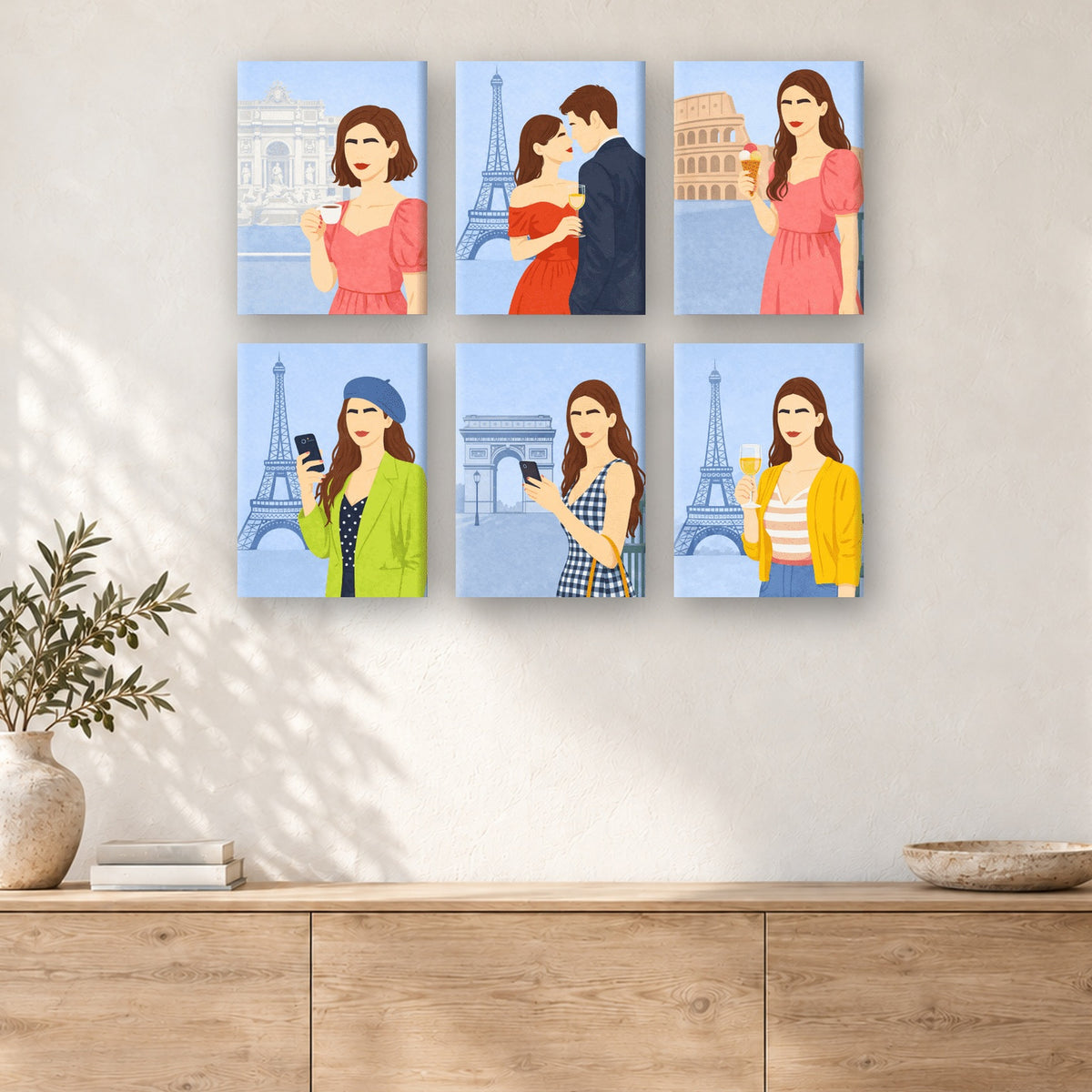 Coffret de 6 peintures par numéro Escapades à Paris et Rome, mini-toiles présentées au mur, Maison Artsen