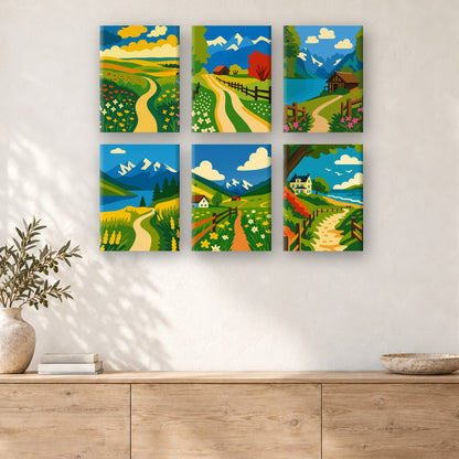 Coffret de 6 peintures par numéro Chemins de Campagne, mini-toiles présentées au mur, Maison Artsen
