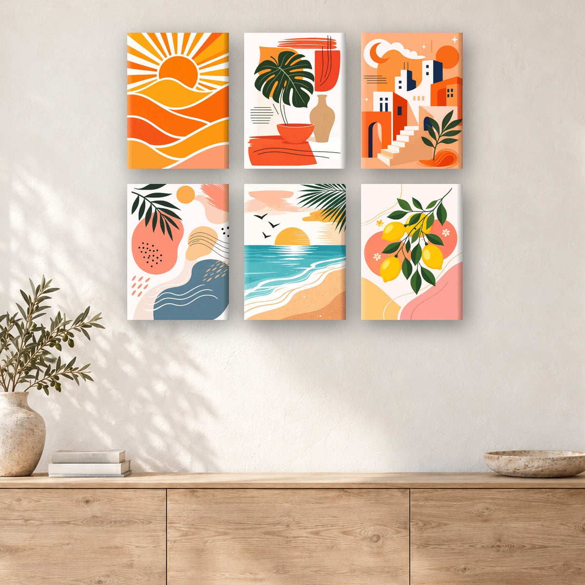 Coffret de 6 peintures par numéro Après-Midi en Méditerranée, mini-toiles présentées au mur, Maison Artsen
