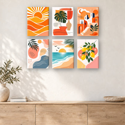 Coffret de 6 peintures par numéro Après-Midi en Méditerranée, mini-toiles présentées au mur, Maison Artsen