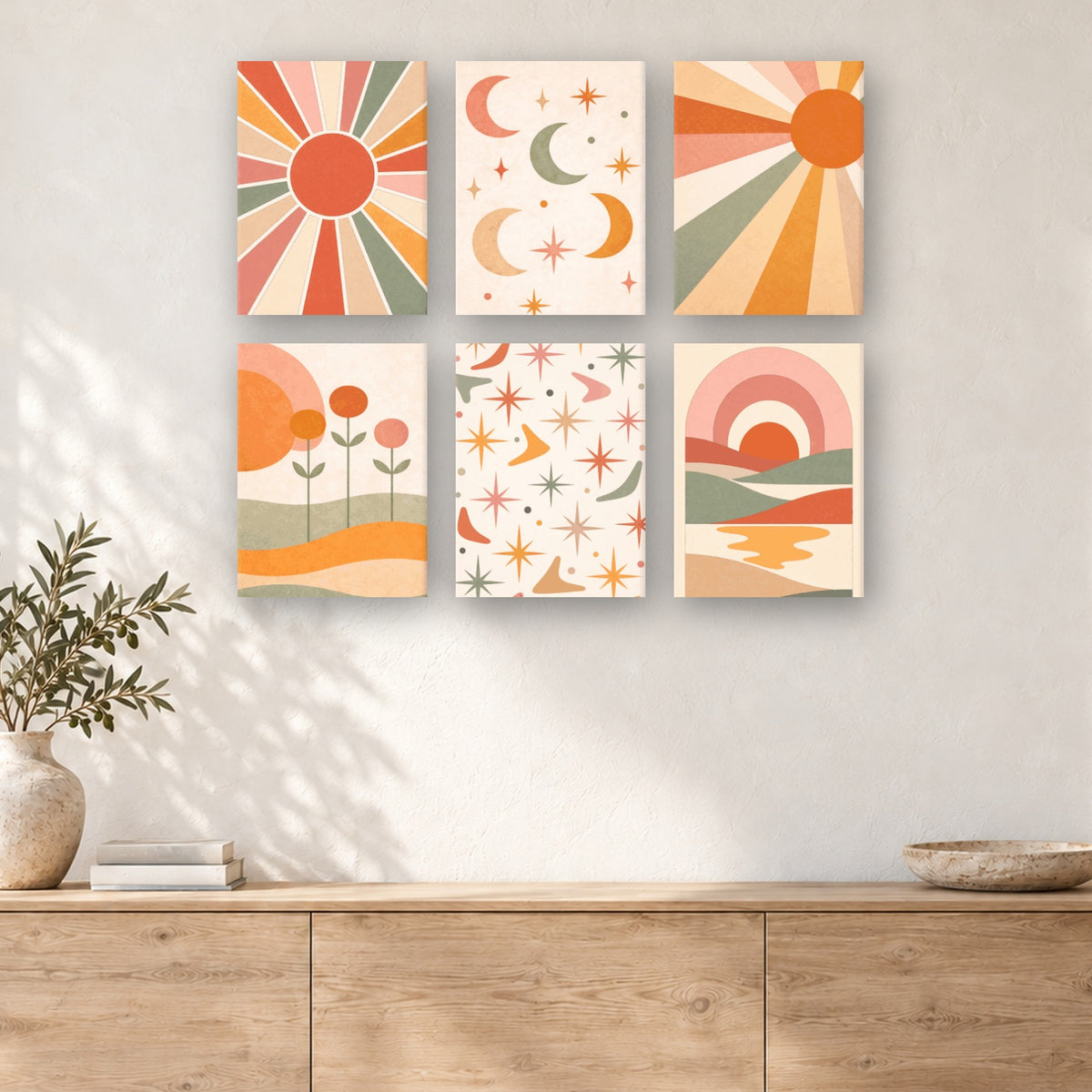Coffret de 6 peintures par numéro Soleil et Lune Bohèmes, mini-toiles présentées au mur, Maison Artsen