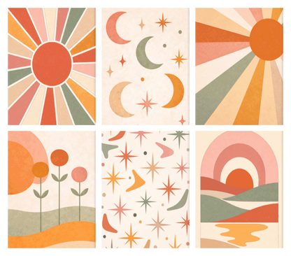 Coffret de 6 peintures par numéro Soleil et Lune Bohèmes, les mini-toiles à plat, Maison Artsen