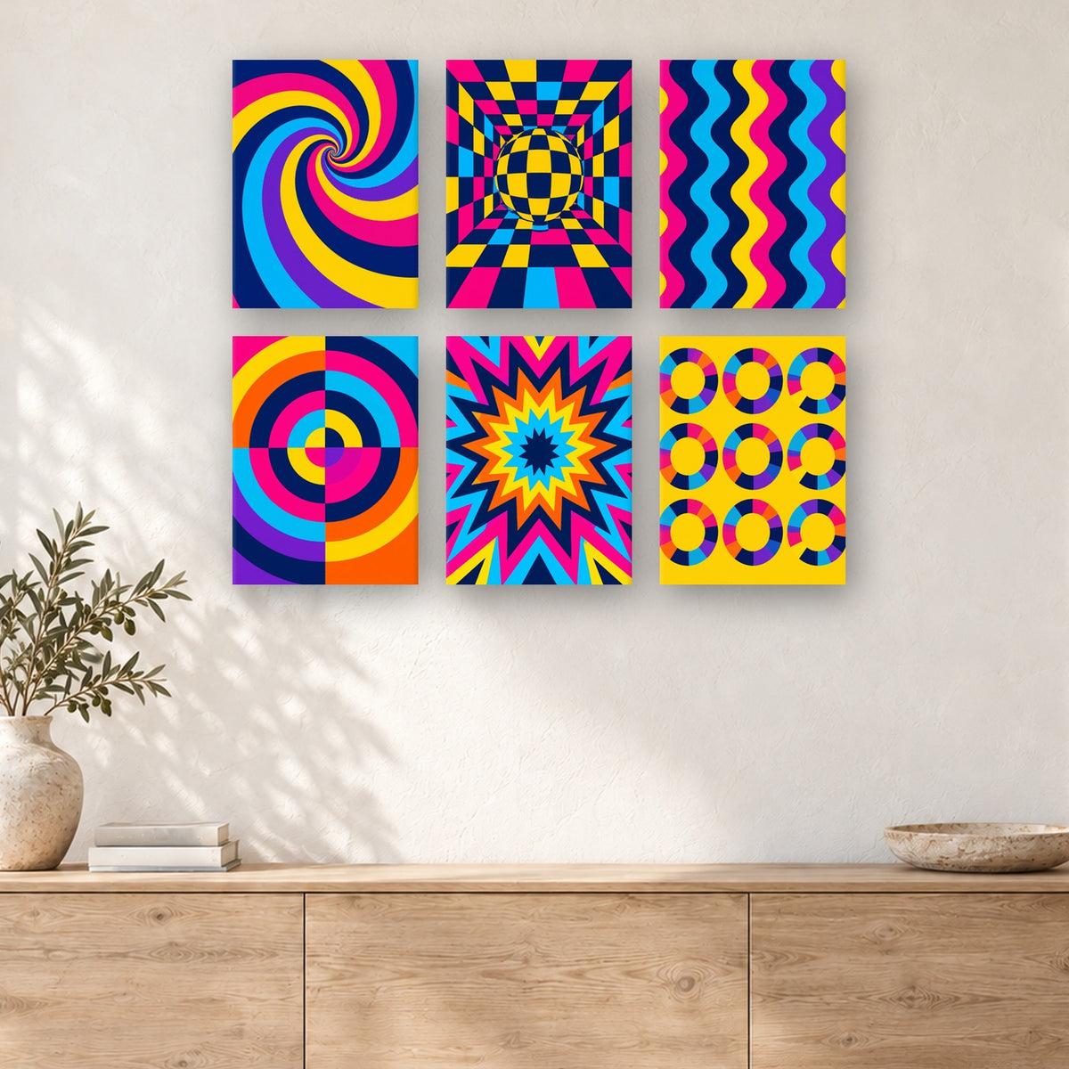 Coffret de 6 peintures par numéro Tourbillons Psychédéliques, mini-toiles présentées au mur, Maison Artsen
