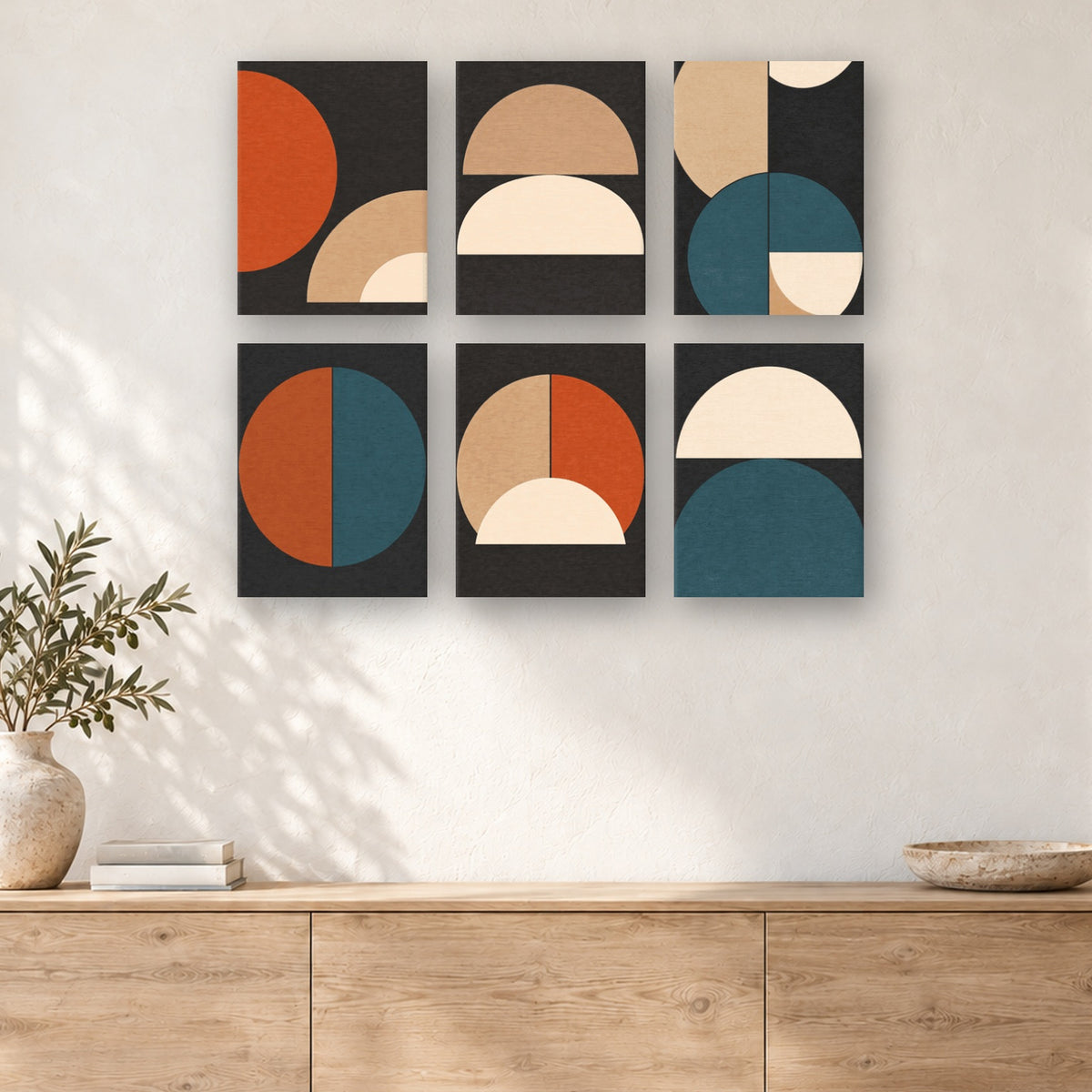 Coffret de 6 peintures par numéro Demi-Lunes en Équilibre, mini-toiles présentées au mur, Maison Artsen