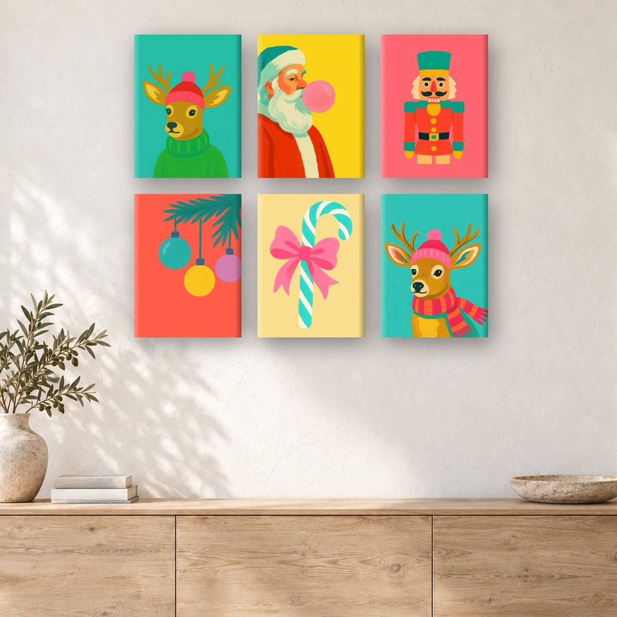 Coffret de 6 peintures par numéro Noël Pop, mini-toiles présentées au mur, Maison Artsen