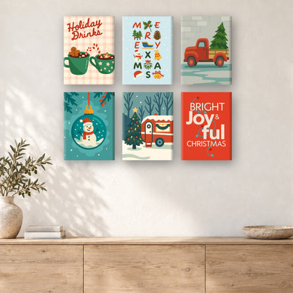 Coffret de 6 peintures par numéro Camion Rouge et Lettres Festives, mini-toiles présentées au mur, Maison Artsen