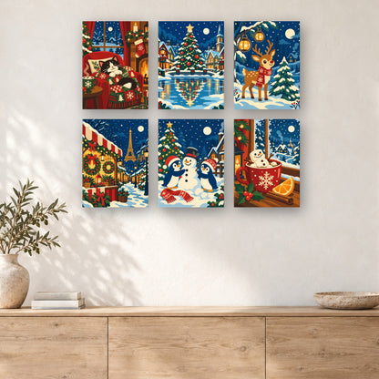 Coffret de 6 peintures par numéro Nuits de Noël Illuminées, mini-toiles présentées au mur, Maison Artsen