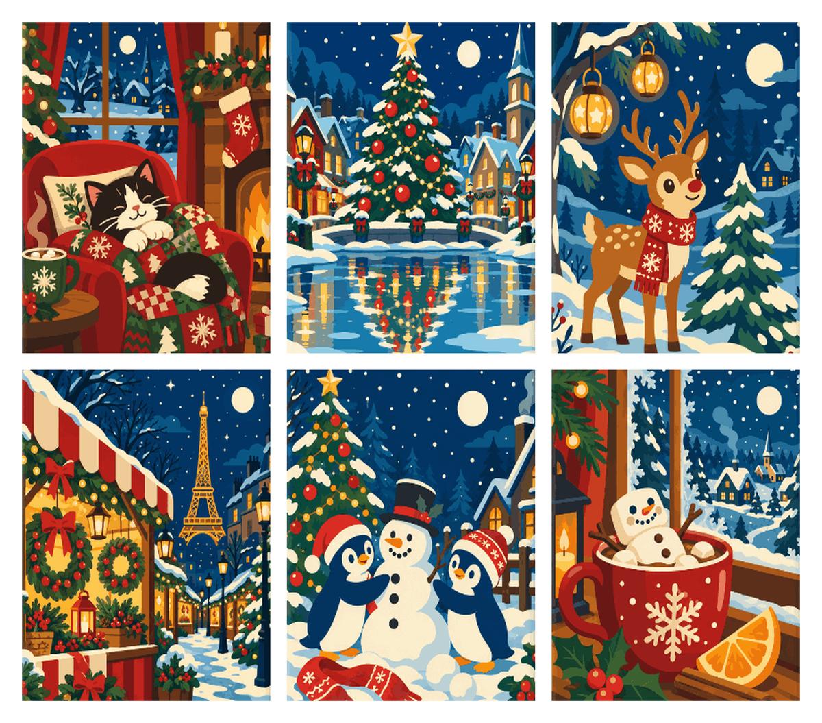Coffret de 6 peintures par numéro Nuits de Noël Illuminées, les mini-toiles à plat, Maison Artsen