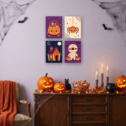 Coffret 4 mini-toiles Bonbons et Toiles d'Araignée accrochées dans un salon décoré pour Halloween — Maison Artsen