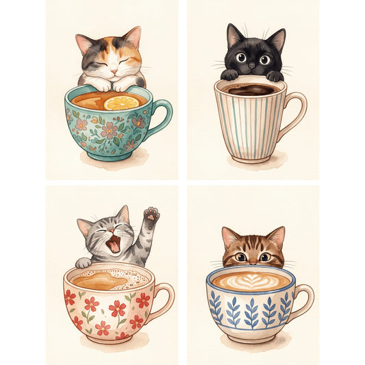 “Cats in Cups” Paint-by-Numbers Set, 4 Canvases – Maison Artsen