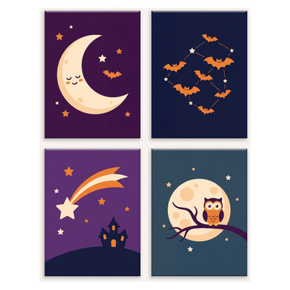 Coffret 4 peintures par numéro Ciel Étoilé d'Octobre – lune endormie, chauves-souris, étoile filante et hibou – Maison Artsen