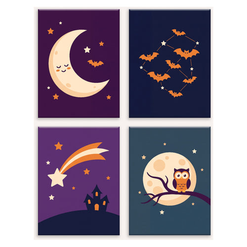 Coffret 4 peintures par numéro Ciel Étoilé d'Octobre – lune endormie, chauves-souris, étoile filante et hibou – Maison Artsen