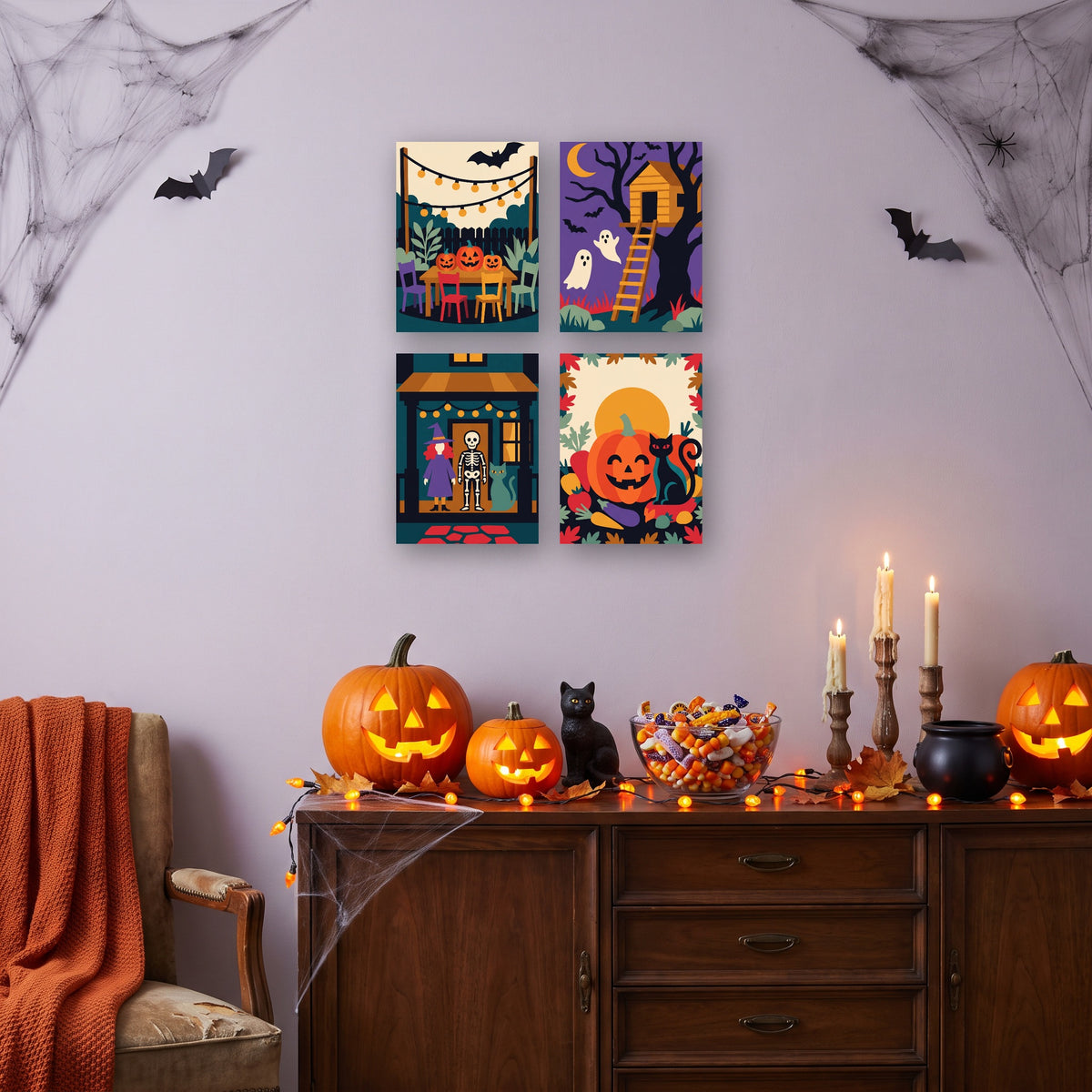 Coffret 4 mini-toiles Fête au Jardin accrochées dans un salon décoré pour Halloween — Maison Artsen