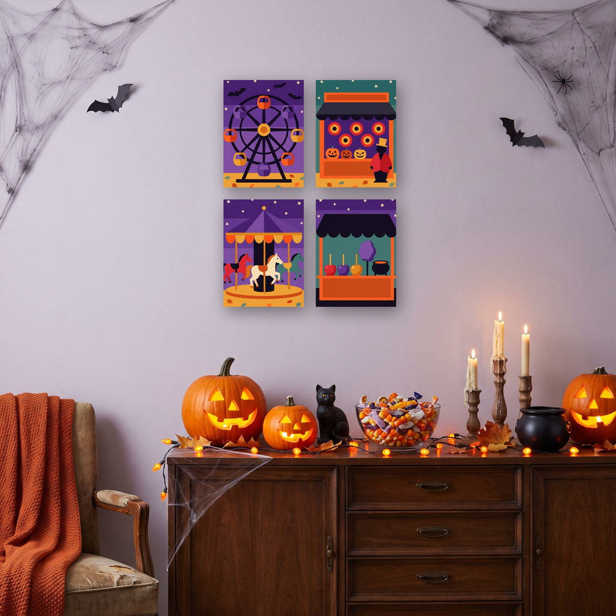 Coffret 4 mini-toiles Fête Foraine Hantée accrochées dans un salon décoré pour Halloween — Maison Artsen