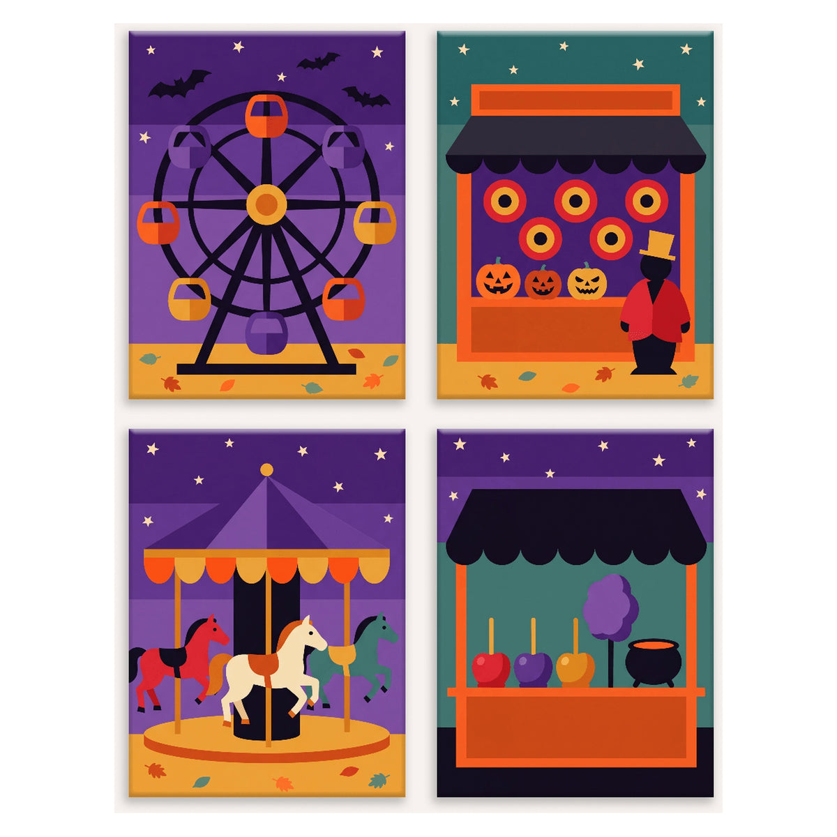 Coffret 4 peintures par numéro Fête Foraine Hantée – grande roue, stand de tir, carrousel et pommes d'amour – Maison Artsen