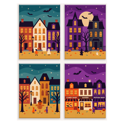 Coffret 4 peintures par numéro Petite Ville Hantée – rues illuminées, enfants déguisés, manoirs et boutiques de bonbons – Maison Artsen