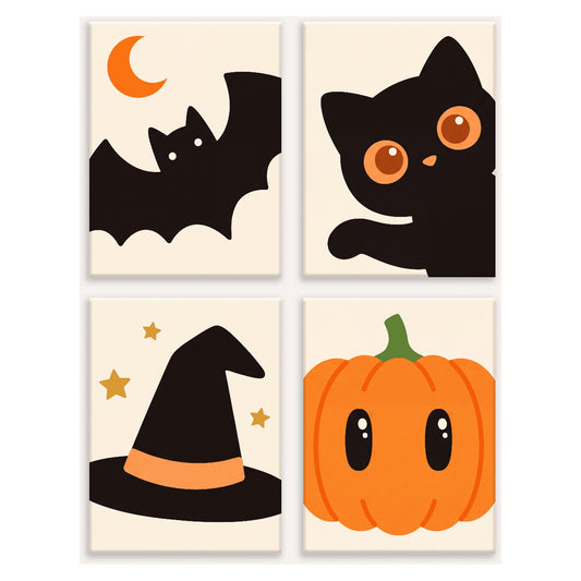 Coffret 4 peintures par numéro Petits Complices d'Octobre – chauve-souris, chaton noir, chapeau de sorcière et citrouille – Maison Artsen