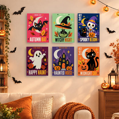 Coffret 6 mini-toiles Affiches Rétro accrochées dans un salon décoré pour Halloween, Maison Artsen