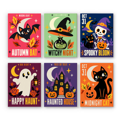 Coffret 6 peintures par numéro Affiches Rétro, affiches rétro, chauve-souris, potion, fantôme et chat noir, Maison Artsen