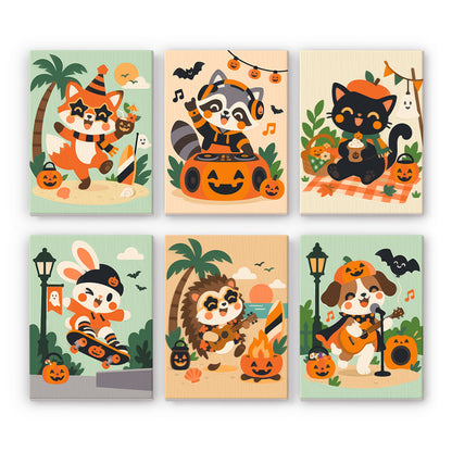 Coffret 6 peintures par numéro Animaux en Fête, renard, raton laveur, lapin et chien entre musique et plage, Maison Artsen
