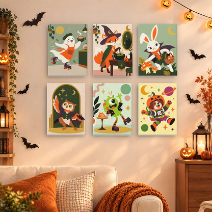 Coffret 6 mini-toiles Animaux Patineurs accrochées dans un salon décoré pour Halloween, Maison Artsen