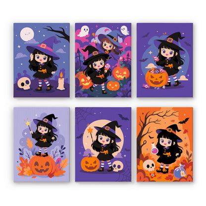 Coffret 6 peintures par numéro Apprenties Sorcières, apprentie sorcière aux cheveux noirs, citrouilles, potion et baguette, Maison Artsen