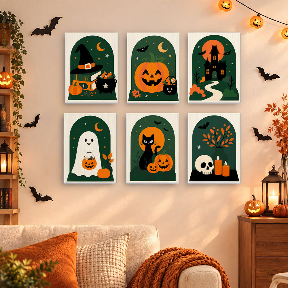 Coffret 6 mini-toiles Arches Vert Sapin accrochées dans un salon décoré pour Halloween, Maison Artsen