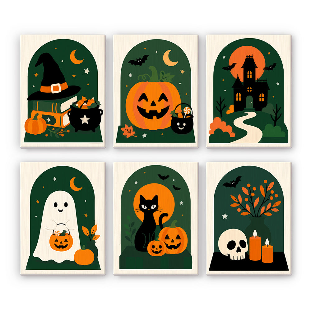 Coffret 6 peintures par numéro Arches Vert Sapin, arches vert sapin citrouille rieuse manoir fantôme et chat noir, Maison Artsen