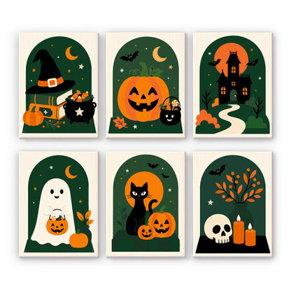 Coffret 6 peintures par numéro Arches Vert Sapin, arches vert sapin citrouille rieuse manoir fantôme et chat noir, Maison Artsen