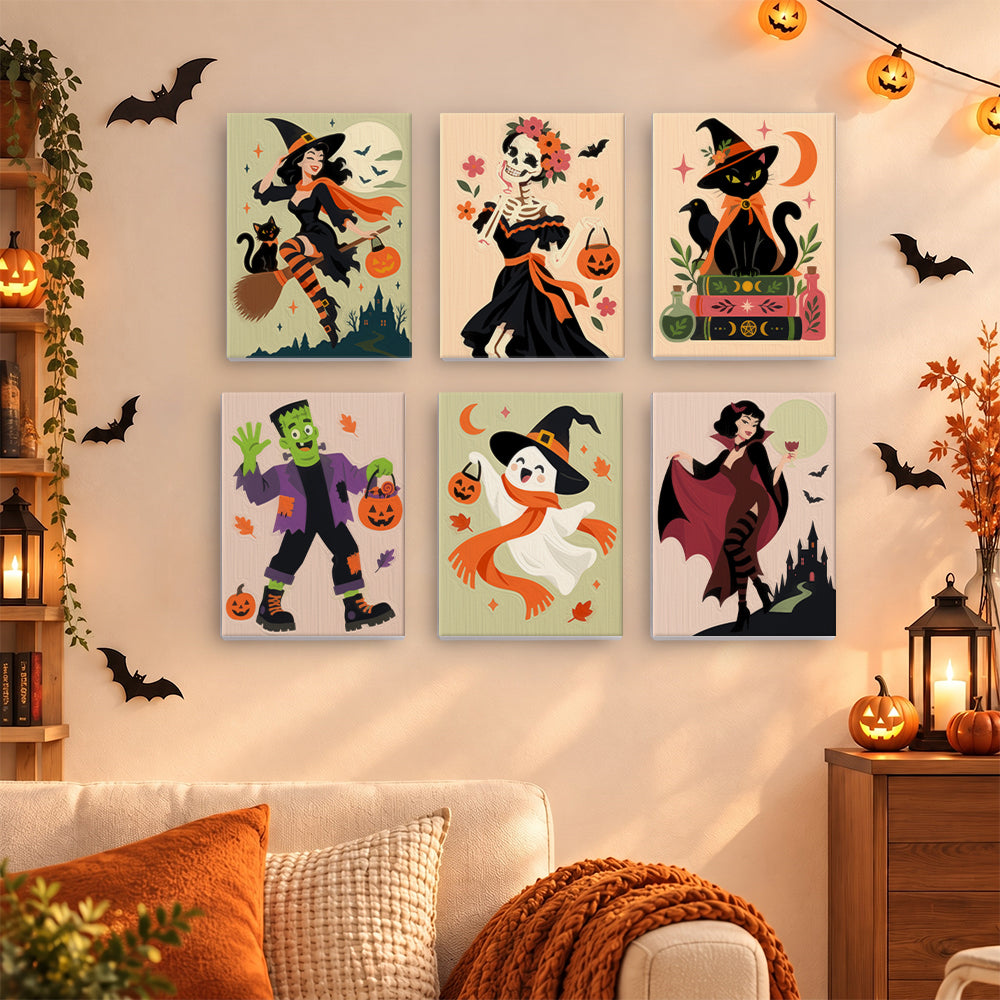 Coffret 6 mini-toiles Bal d'Halloween accrochées dans un salon décoré pour Halloween, Maison Artsen