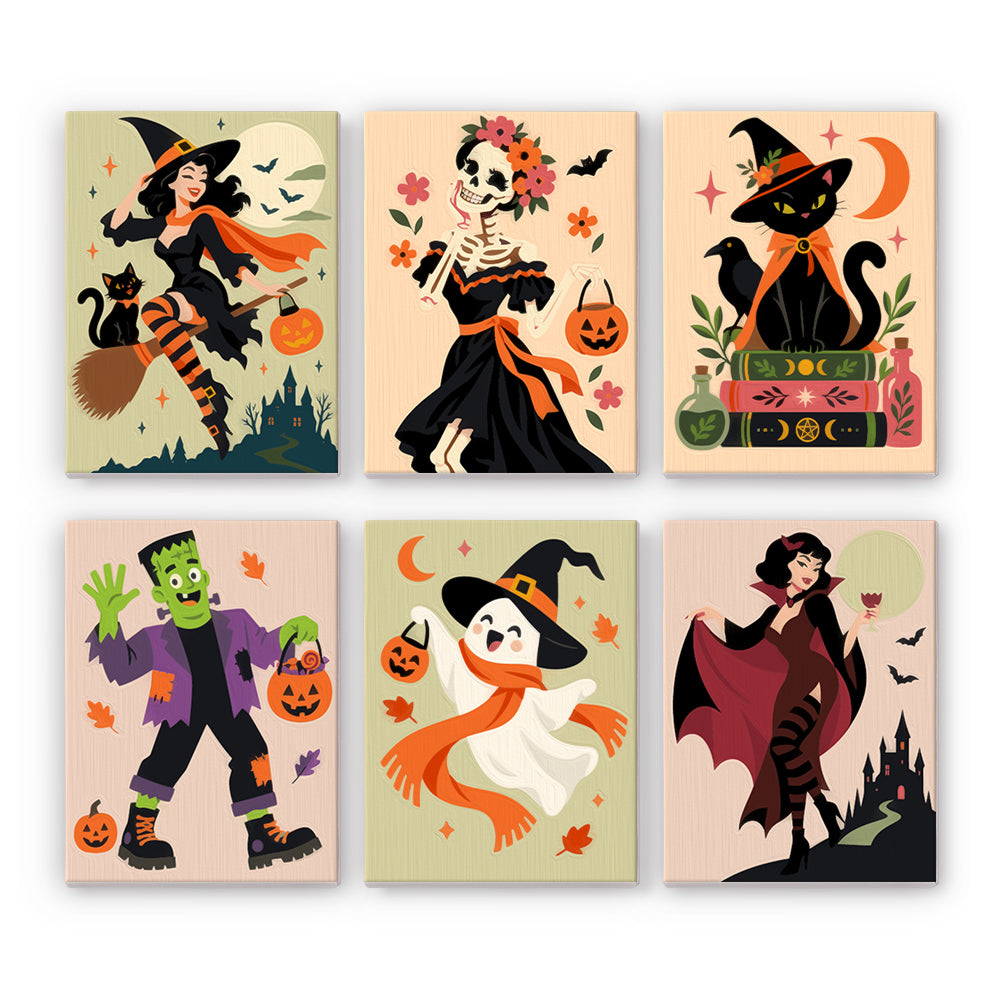 Coffret 6 peintures par numéro Bal d'Halloween, sorcière, squelette, fantôme et vampire en orange et noir, Maison Artsen